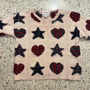 Talbots hearts Star patriotic knitted by hand small s red blue tan USA